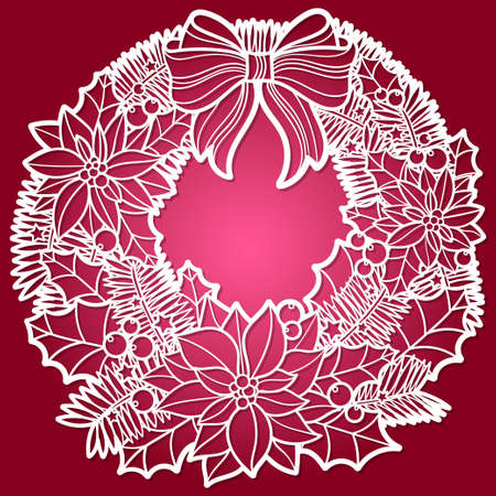 Christmas wreath of fir and holly branches with a bow. .For cutting from any material. For the design of Christmas and New Year cards, invitations, interior elements, scrapbooking. Vectorのイラスト素材