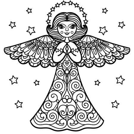 Cute angel in lace clothes. Black and white linear drawing. Doodle style. For the design of coloring books, prints, posters, stickers, tattoos, etc. Vectorのイラスト素材