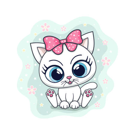 Cute little white kitten with a bow. For children's design, prints, posters, cards. stickers, etc. Vectorのイラスト素材