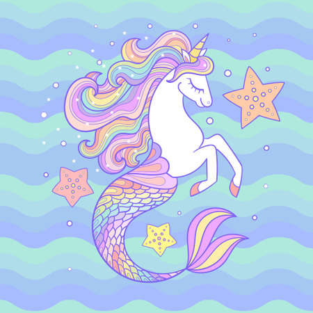 A beautiful seahorse unicorn with a raccoon mane and starfish. For children's design of prints, posters, cards, stickers, games, invitations, banners and so on. vectorのイラスト素材