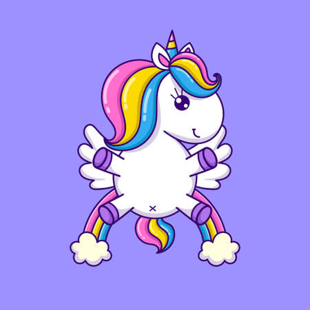 Funny white cartoon unicorn and rainbow. flat style. For design prints, posters. postcards, stickers, etc. Vectorのイラスト素材