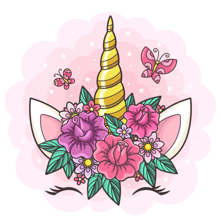 Beautiful, golden unicorn horn with flowers and butterflies. The theme of magic and fantasy. For the design of prints, posters, cards, t-shirts, cups, stickers and so on. vector illustration.のイラスト素材