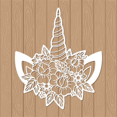 Unicorn horn with rose flowers. Template for laser cutting. Stencil for children. For cutting from any materials. For the design of postcards, congratulations, interior elements, furniture, crafts. vectorのイラスト素材