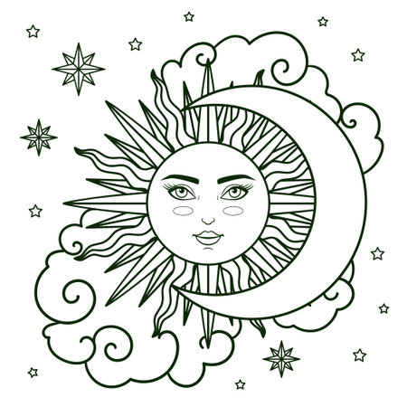 Sun and moon in the sky. Linear black and white hand drawing. Vectorのイラスト素材