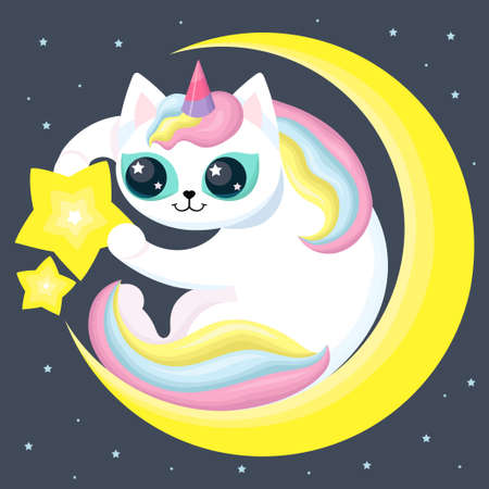Cute cat unicorn with moon and stars. Vectorのイラスト素材