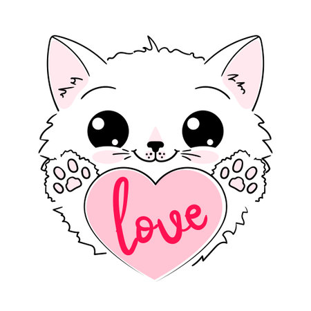 Cute cartoon white kitten with a heart. Vectorのイラスト素材