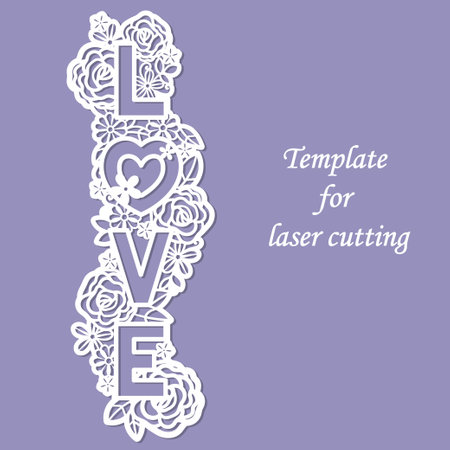 Word Love surrounded by flowers. Template for laser cutting. Vectorのイラスト素材