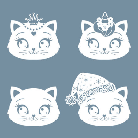 Set of cartoon cat head silhouettes. Template for laser cutting of any materials. For children's design of stencils, Christmas decorations, stickers and so on. Vecorのイラスト素材