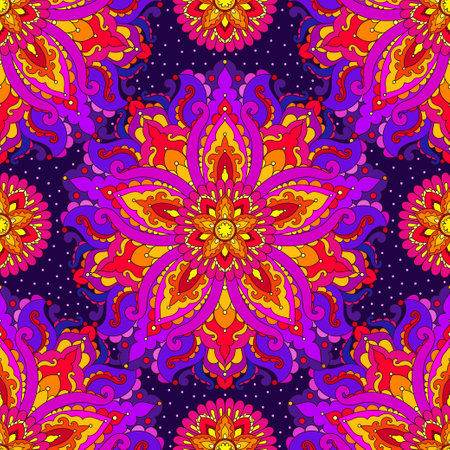 Seamless oriental pattern of mandalas on a dark background. Arabesque theme. For boho fabric design, wallpapers, backgrounds, wrapping paper in arabic or indian style. vectorのイラスト素材