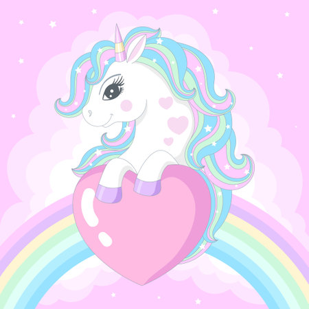 A beautiful white unicorn holds a heart on a rainbow background. The theme of love and magic. For children's design of prints, posters, stickers, cards, puzzles, etc. vector illustration...のイラスト素材