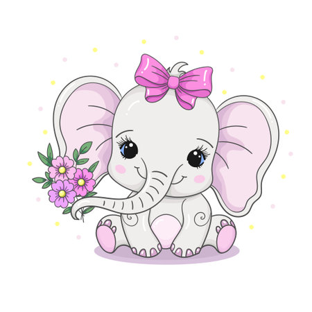 Cute little baby elephant with a bow and a bouquet of flowers. children's theme. For the design of prints, posters, cards, puzzles, cards, badges, stickers, etc. vector illustrationのイラスト素材