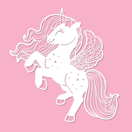 Magic unicorn. Template for laser cutting of paper, crton, wood, metal. Fairy tale character for children. For the design of cards, stickers, holiday decorations, stencils, silkscreen and so on. vectorのイラスト素材