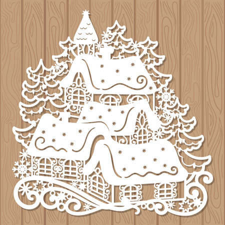 Christmas winter landscape with houses and fir trees. Template for laser cutting of paper, cardboard, wood, metal. For the design of Christmas and New Year decorations, cards, invitations, stencils, stamps, silk screen printing, etc. vectorのイラスト素材