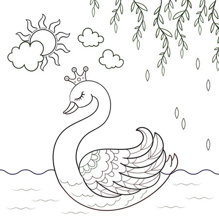 Swan Princess. Black and white linear drawing. Vectorのイラスト素材
