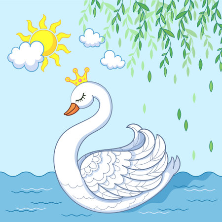 Beautiful princess swan with a crown. Vector illustrationのイラスト素材