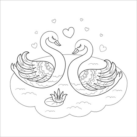 A pair of beautiful swans. Black and white vector illustrationのイラスト素材