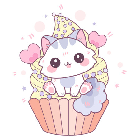 Cute kawaii cat sitting on a cupcake. For children's design of prints, posters, greeting cards, stickers, puzzles, etc. Vector illustrationのイラスト素材
