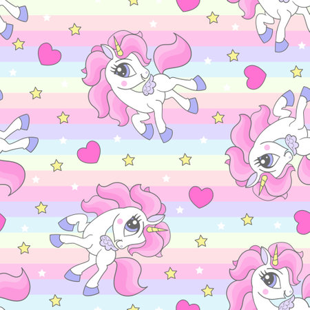 Seamless pattern with white unicorns on a rainbow background. For fabric design, wallpaper, backgrounds, wrapping paper, scrapbooking, etc.. Vectorのイラスト素材