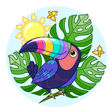 Cartoon toucan among monstera leaves. For children's design of prints, posters, stickers, cards, puzzles, etc. Vector illustrationのイラスト素材