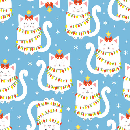 amless pattern with white cats and garlands on a blue background. For the design of Christmas and New Year cards, backgrounds, wallpaper, fabric, wrapping paper, etc. Vectorのイラスト素材