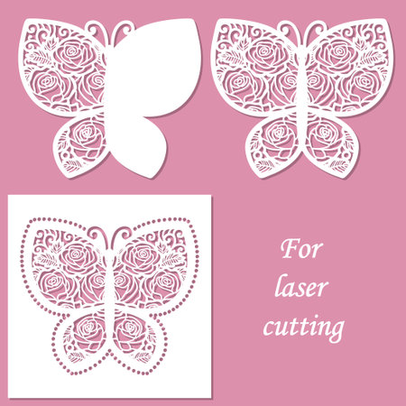 Butterfly with floral pattern. Template for laser cutting from paper, cardboard, wood, metal. For the design of wedding cards, invitations, interior decorations, stencils, scrapbooking, etc. Vectorのイラスト素材