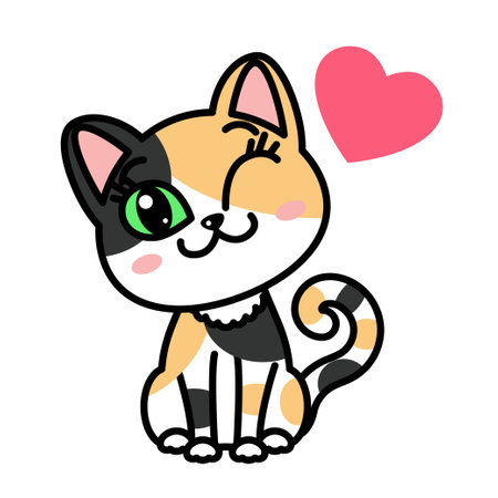 A cute tricolor cat with a heart winks on a white background. For children's design of prints, posters, Valentine's Day cards, stickers, puzzles, etc. Vector illustrationのイラスト素材