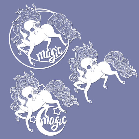 Magic unicorn and month. The inscription magic. Set of templates for laser cutting. For the design of cards, interior decorations, Christmas tree decorations, stickers, stencils, scrapbooking. Vectorのイラスト素材