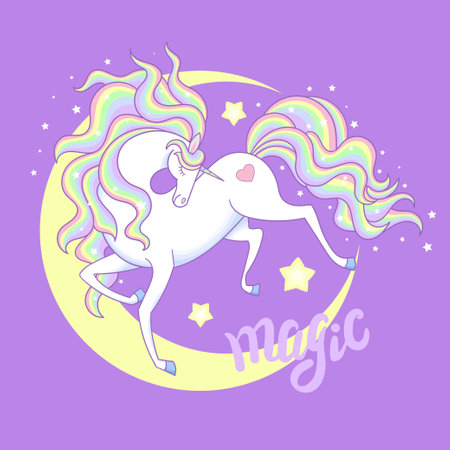 White unicorn with rainbow mane, moon and stars. The inscription Magic. For children's design of prints, posters, cards, stickers, badges, etc. Vector illustrationのイラスト素材