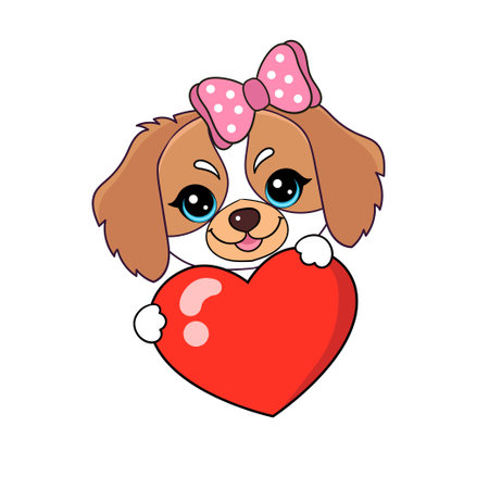 Cute puppy holding a heart in his paws. Vectorのイラスト素材