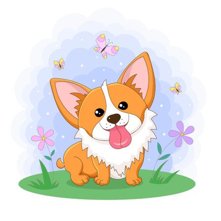 Cute cartoon corgi in the grass with butterflies. For children's design of prints, posters, cards, stickers, puzzles, etc. Vector illustrationのイラスト素材