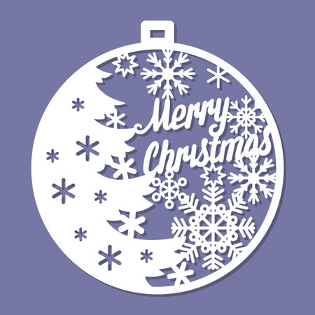 Christmas ball with a Christmas tree. snowflakes and the inscription Merry Christmas. Template for laser cutting from paper, cardboard, wood, metal. For the design of Christmas and New Year decorations, interior decor, cards, greetings, stickers. stencils, silk-screen printing, etc. Vectorのイラスト素材
