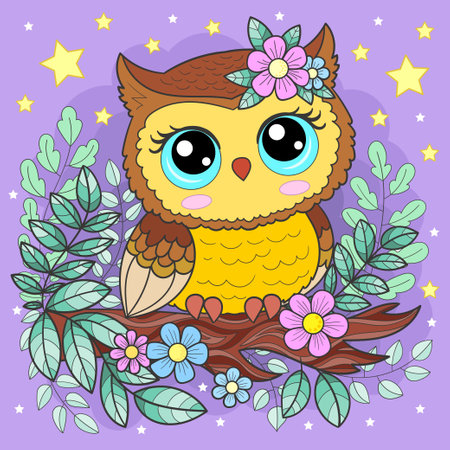 Cute cartoon owl sitting on a branch. Vector illustration.のイラスト素材