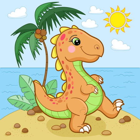 Funny cartoon dinosaur walking along the shore. Vector illustrationのイラスト素材