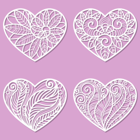 Set of openwork hearts. Template for laser cutting from paper, wood, cardboard, metal, etc. For the design of valentines, wedding cards, stickers, interior decorations, stencils, etc. Vectorのイラスト素材