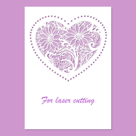 Card with an openwork, floral heart. Template for laser cutting from any materials. For the design of valentines, wedding invitations, congratulations, decor. Vectorのイラスト素材