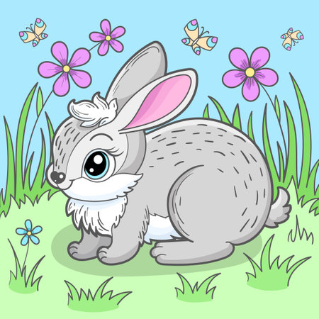Cute little gray rabbit sits in the grass on the lawn. Flat design. For children's design prints, posters, puzzles, cards, stickers etc. Vector illustrationのイラスト素材