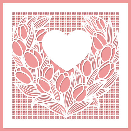 Envelope with tulips and heart. Template for laser cutting from paper, cardboard, wood, metal. For design of wedding invitations, envelopes, interior decorations, stickers, etc. Vectorのイラスト素材