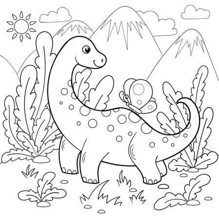 Cute cartoon dinosaur and butterfly. Black and white line art. Isolated on white background. For children's coloring book designs, prints, posters, cards, stickers, etc. Vector illustrationのイラスト素材