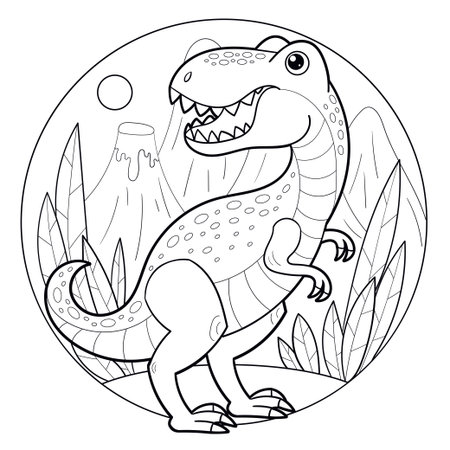 Cartoon dinosaur tyrannosaurus. Black and white line drawing. Isolated on white background. Composition in a circle. For children's design of coloring books, prints, posters, cards, stickers. Vector illustrationのイラスト素材
