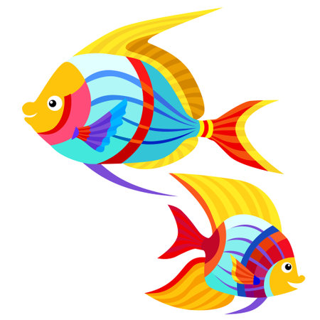 Two tropical fish on a white background. Flat design. For design of prints, posters, postcards, stickers etc. Vectorのイラスト素材