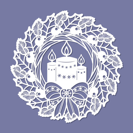Christmas wreath of holly and spruce with candles and a bow. Template for laser cutting from paper, wood, cardboard, metal. For the design of Christmas greetings, invitations, interior decorations, stickers, Christmas tree toys, etc. Vectorのイラスト素材