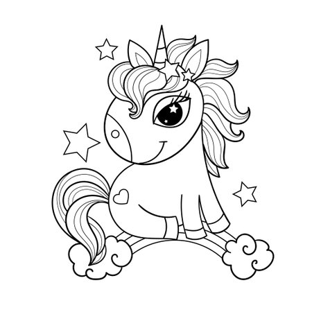 A little unicorn on a rainbow. Black and white line drawing. Suitable for children's coloring books, prints, posters, cards, stickers, puzzles, etc. Vector illustrationのイラスト素材