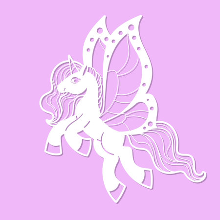 A beautiful unicorn with butterfly wings, laser-cut template. Suitable for children's card designs, stickers, interior decorations, and more. Vector illustration.のイラスト素材