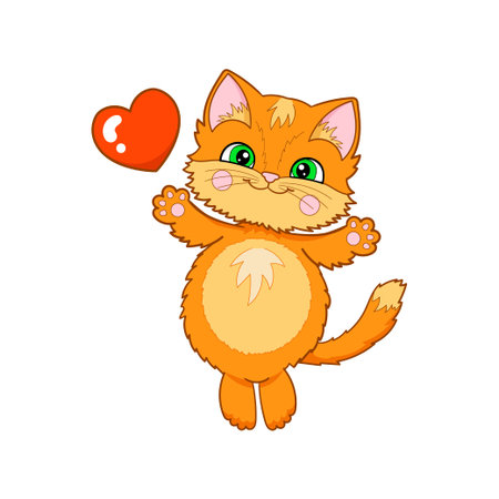 A cheerful jumping ginger cat and a red heart. Isolated on a white background. Suitable for children's design, prints, posters, postcards, stickers, etc. Vector illustrationのイラスト素材