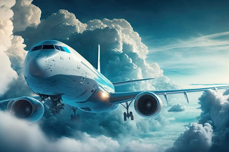 Airplane in the clouds. 3d rendering. toned image. Generative AI