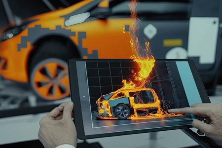 Car accident concept. Close up of male hands holding tablet with burning car on screen. Generative AIの写真素材