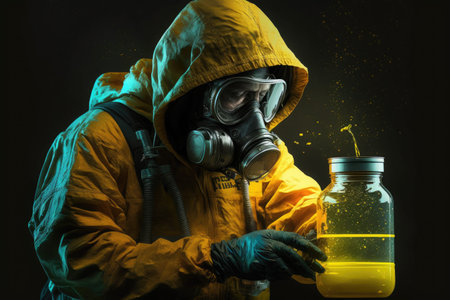 Man in gas mask and respirator holding a flask with yellow liquid. Generative AIの写真素材