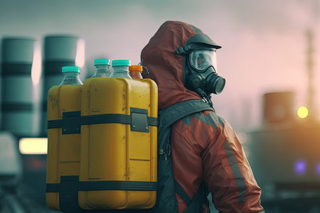 Man in gas mask and respirator holding a big yellow suitcase. Generative AIの写真素材