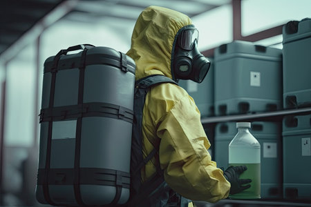 Man in hazmat suit and gas mask with chemical bottles standing in warehouse. Generative AIの写真素材