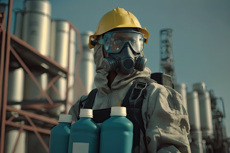 Portrait of a man in a gas mask and a yellow helmet standing in front of a refinery. Generative AIの写真素材